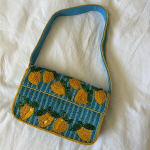 Anthropologie Blue and Yellow Beaded Shoulder Bag